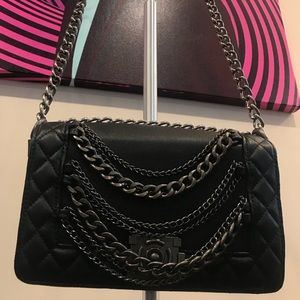 Leather Chained Up Quilted Black Shoulder Bag